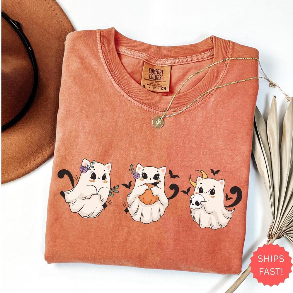 Cute Ghost Cat Shirt, Retro Halloween Cat Tee,